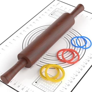 Imagem de Mepple Rolo de massa de madeira clássico com alça e tapete de pastelaria para fondant, pizza, tortas, biscoitos, rolo de massa para assar com 3 anéis de espessura multicoloridos, rolo de massa sapele