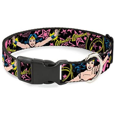 Imagem de Buckle-Down BAC-WWW008-NL Coleira de gato da Mulher Maravilha preto/rosa, 1,27 cm de largura, serve para pescoços de 22,86 a 38,10 cm - Grande