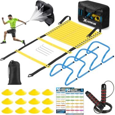 Imagem de Kit de treinamento de velocidade e agilidade X-UMEUS, com escada de 6 metros, 12 cones, 4 barreiras, corda de pular, paraquedas de corrida, treino de futebol, basquete para crianças, jovens e adultos