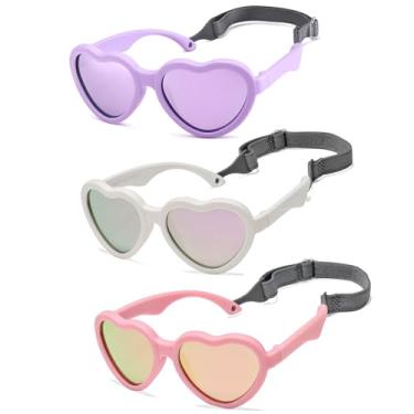 Imagem de Hycredi Óculos de sol em forma de coração para bebês – com alça ajustável, lentes polarizadas para recém-nascidos de 0 a 24 meses, B2 - (Rosa/Rosa Espelhado + Branco/Roxo Espelhado + Roxo/Roxo