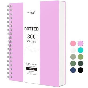 Imagem de RETTACY Caderno de diário pontilhado, 300 páginas, tamanho médio B5 (19 cm × 25 cm), papel grosso 100 GSM, capa de plástico flexível, encadernado em espiral, para diário de balas, planejamento
