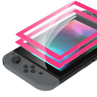 Imagem de eXtremeRate Pacote com 2 películas protetoras transparentes com borda rosa brilhante HD, protetor de tela de vidro temperado para Nintendo Switch [antiarranhões, antiimpressões digitais, à prova de
