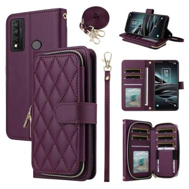 Imagem de Furiet Argyle Capa carteira para TCL 20XE 5087Z com alça de pulso, 9+ compartimentos para cartões, bolsa com zíper, luxuosa, couro PU, capa para celular TLC 20 XE TCL20XECase EX mulheres meninas roxo
