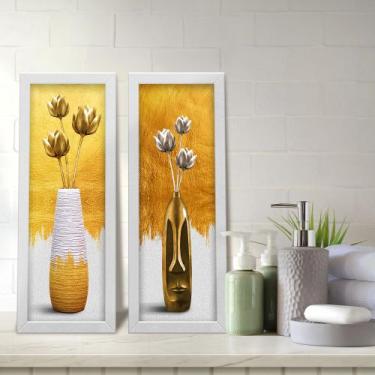 Imagem de Kit 2 Quadros Decorativos Lavabo Vaso Arranjo Floral Branco e Dourado 
