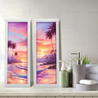 Imagem de Kit 2 Quadros Decorativos Lavabo Pôr do Sol Praia Litoral Palmeira Hor