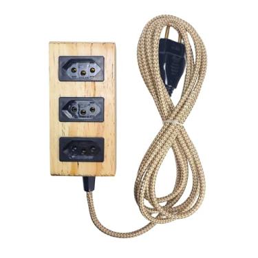 Imagem de Régua Elétrica Power Strip 3 Tomadas 300 cm Extensão de Madeira (creme e dourado)