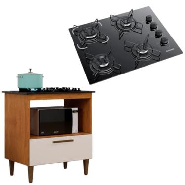 Imagem de Kit Balcão Cooktop 1 Porta Nature Off White com Fogão 4 Bocas Itatiaia Preto Bivolt