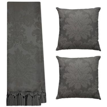 Imagem de Jogo Manta Xale para Sofá Artesanal com Franjas 1,40 x 3,00 com 2 Capas de almofadas (141 CINZA GRAFITE CHUMBO)
