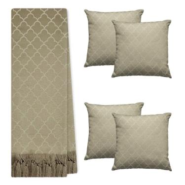 Imagem de Jogo Manta Xale para Sofá Artesanal com Franjas 1,40 x 3,00 com 4 Almofadas Cheias (TEAR 72 CINZA FENDI E OFF WHITE)