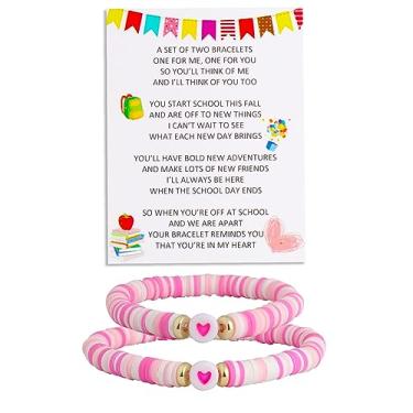 Imagem de QqzsJewls Pulseiras First Day of School Mommy and Me Back to School Conjunto de 2 para mãe, filha, mãe e filho, pulseira de coração combinando, joias, presentes, Sem pedras preciosas