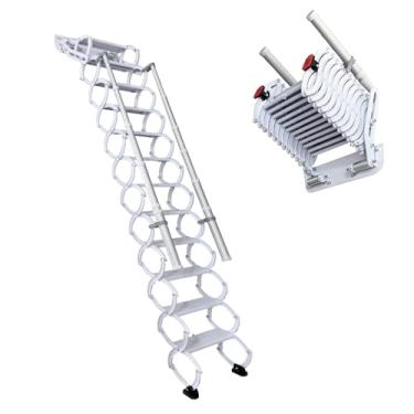 Imagem de Escada dobrável montada na parede com corrimões, sistema de puxar para baixo, escada telescópica no sótão, 12 pedais, sótão, porão, armazém, escada dobrável de passagem (branca, 12 degraus)