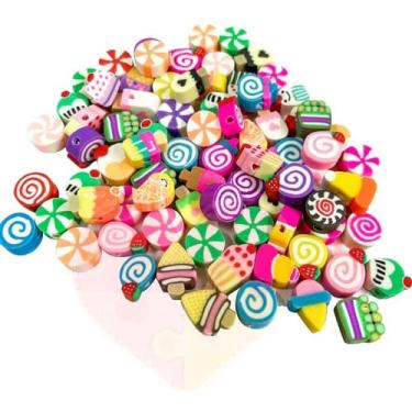 Imagem de Kit 100 Missanga Formato Doces Emborrachada Infantil p/ Montar Pulseira Colar