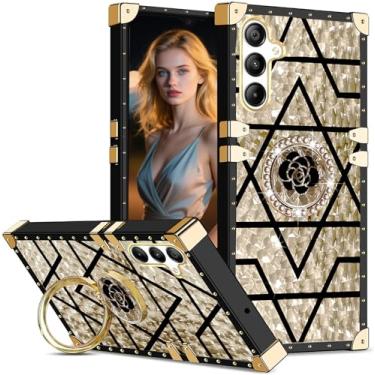 Imagem de Ephoou Capa para Samsung Galaxy A16 para mulheres e meninas, capa de telefone com design de canto de metal rebite com flores brilhantes anel de diamante suporte para Samsung A16 6,7 polegadas BF-ouro