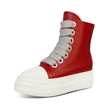 Imagem de IMPREMEY Tênis feminino de cano alto com cadarço de couro sintético com sola grossa e fita áspera com zíper, sapatos de caminhada modernos, Vermelho, 8