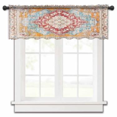 Imagem de Cortina floral boho laranja vermelha transparente para janelas de cozinha, estilo tribal abstrato, vintage, tratamentos de janela, bolso para varão, saia curta para sala de estar, banheiro, 137 x 45