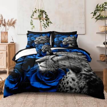 Imagem de Merryword Conjunto de edredom com 8 peças, cama de leopardo e leopardo, rosa, azul, Califórnia, tamanho king, tigre e leão, animal selvagem, conjunto de edredom