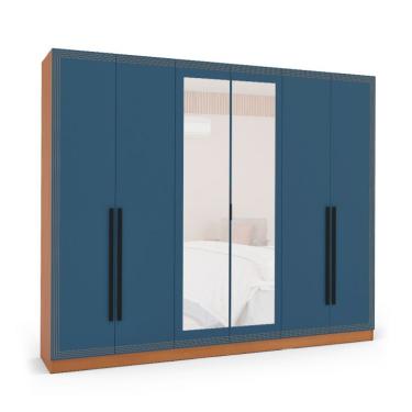 Imagem de Guarda-Roupa Casal com Espelho Valência 6 Portas 4 Gavetas Freijó e Azul