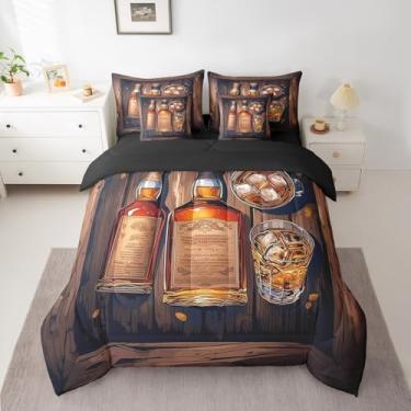 Imagem de Manfei Jogo de cama casal de uísque, 7 peças, copo de cerveja gelada de vinho, vintage, tábua de madeira, edredom com edredom, lençol de cima, lençol com elástico, fronhas e fronhas, reversível