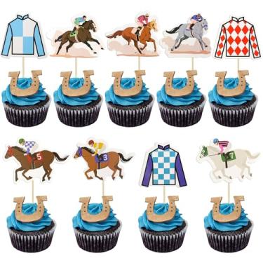 Imagem de Gyufise 36 peças de topo de cupcake de cavalo decorações de cavalo roupas Jockey palitos de corrida de cavalos Run for the Rose Cupcake Picks para suprimentos de festa de animais