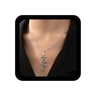 Imagem de YienDoo Colar de cobra punk, prata, vintage, com pingente de cruz, espada combinando, exclusivo, colar de espada através da serpente, faca gótica, punhal, animal, cobra, joias para mulheres, Zinco