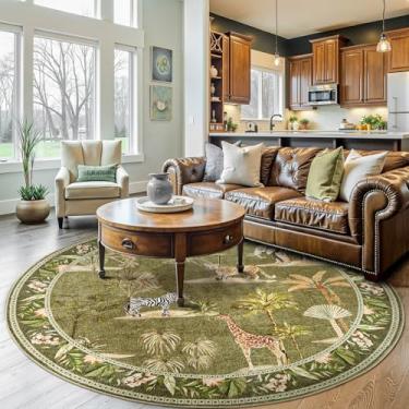 Imagem de jinchan Tapete redondo de 2,1 m – estampa de animais da selva interna, tapete macio, lavável, moderno, planta florestal, antiderrapante, com suporte de borracha para sala de estar, sala de jantar