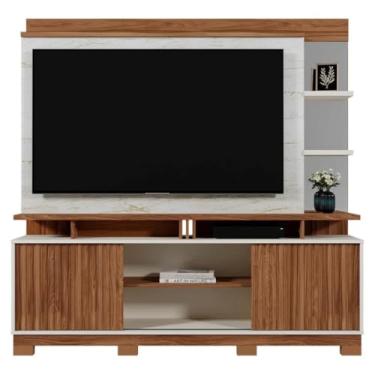 Imagem de Mobler Estante Home Fremont para TV até 65 Polegadas, 160cm, Madeira Natural e Branco (Cinamomo Mel/Off White/Carrara)