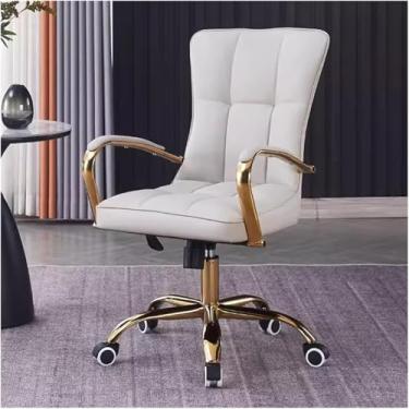 Imagem de Cadeira de cadeira de escritório de couro com apoio de braço, cadeira de computador giratória ajustável com pernas e braços dourados, cadeira de tarefa estofada confortável para sala de esta