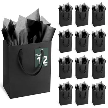 Imagem de Sacos de presente pretos com alças e papel de seda, 12 peças, 20 x 12 x 25 cm, sacos de presente de papel kraft, a granel para casamento, festa, aniversário, negócios e compras, tamanho médio