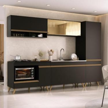 Imagem de Cozinha Modulada Completa 287cm 5 Pçs com Balcão para Cooktop Veneza Multimóveis Mp2271 Preto/dourado