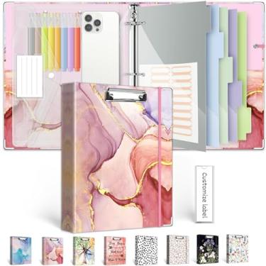 Imagem de Fichário com 3 anéis de 2,5 cm, organizador de fichário de três anéis com prancheta, divisórias de bolsos de 5 abas, pasta de plástico, 18 divisórias stikers, fichário decorativo rosa BVSSX com alça
