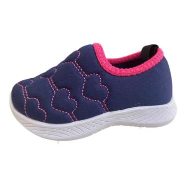 Imagem de Tenis Basico Calce Fácil Cadarço Infantil Menino Menina Meia Costura Bordada (Azul -costura rosa, BR, Criança de 4 a 8 anos, Numérico, 25)