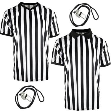 Imagem de 4 peças camisa masculina oficial árbitro futebol árbitro jersey gola V árbitro uniforme apito de aço inoxidável para jogos de futebol, basquete, futebol, 2 estilos (G (175-180 cm))