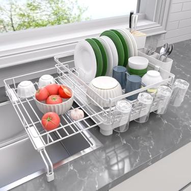 Imagem de Runnatal Escorredor de pratos extensível, coador de pratos grande de aço inoxidável com drenagem, suporte de utensílios e suporte de copo, escorredor de pratos expansível para balcão de cozinha