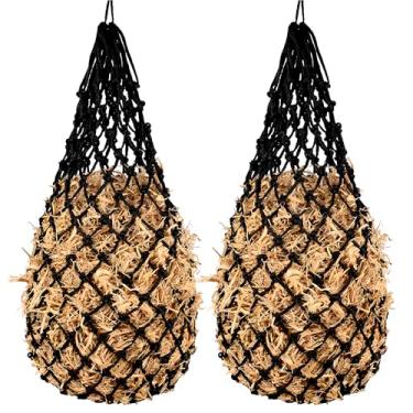 Imagem de CAMATET 2 peças de rede de feno de alimentador lento para cavalos, rede de feno extra grossa de 101,6 cm de alimentação lenta com furos de 5 cm, sacos pendurados para cabra e gado (preto