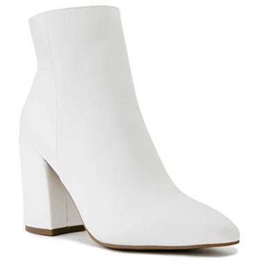 Imagem de Sugar Botas Chelsea femininas de inverno - salto alto grosso, bico fino, botas de cano curto modernas-Evvie, Branco, 37