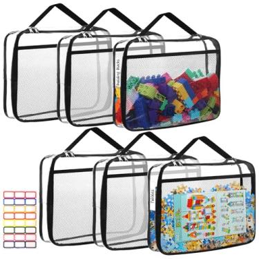 Imagem de 6 pacotes grandes de sacos de armazenamento de brinquedos com etiquetas, armazenamento de jogos de tabuleiro de PVC transparente reutilizável, bolsas organizadoras à prova d'água para viagem com zíper