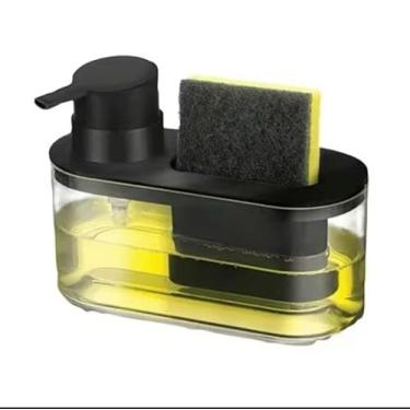 Imagem de Dispensador de Detergente com Suporte para Esponja, 2 em 1, Transparente e Preto, Organizador para Pia de Cozinha