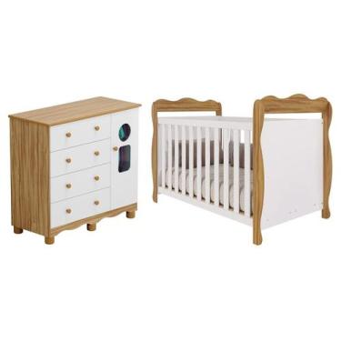 Imagem de Berço Mini Cama Branco e Amêndoa Moveis Peroba - Ninho + Cômoda de Beb