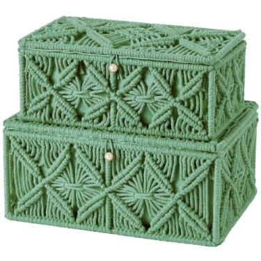 Imagem de VinneGenzz 2 peças de cestas decorativas de armazenamento boho com tampa, caixa de joias de macramê boêmio, feita à mão, caixas de tecido de corda de algodão natural, lembrança de memória, organizador