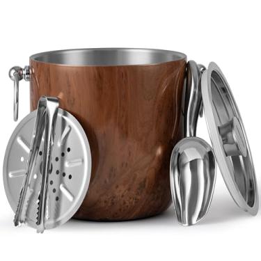 Imagem de Golden Cudgel Balde de gelo isolado, balde de gelo de aço inoxidável de parede dupla 3L com pinças, tampa, colher e coador, baldes de gelo para festas, bares de coquetel, cerveja gelada, champanhe