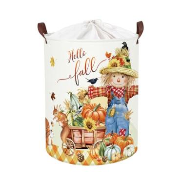 Imagem de HUUMONSS Cesto de armazenamento de bebê Happy Thanksgiving com folha de bordo e abóbora dobrável, cesto de roupa infantil, grande, para meninos e meninas, caixa de brinquedos para berçário, espantalho