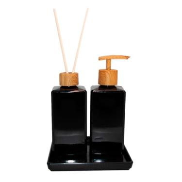 Imagem de Kit Conjunto Banheiro Preto Aromatizador Saboneteira Difusor Bandeja Linha Premium