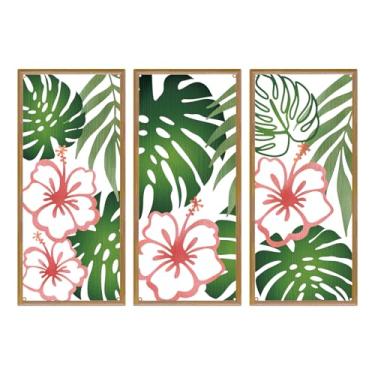 Imagem de Resama Decoração de parede de metal com folhas de palmeira 3 peças arte de parede tropical minimalista hibisco decoração vintage planta tropical escultura de parede para sala de estar quarto banheiro