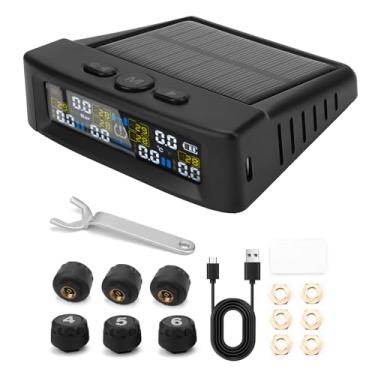 Imagem de Jerbor Sistema de monitoramento de pressão de pneu RV, TPMS com 6 sensores e 6 modos de alarme, monitor de pressão de pneu 0-144PSI com carga solar e carregamento USB, visor LCD colorido atualizado