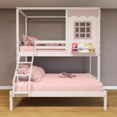Imagem de Beliche Casinha Casal/Solteiro Madeira Branco/Rosa - Housin