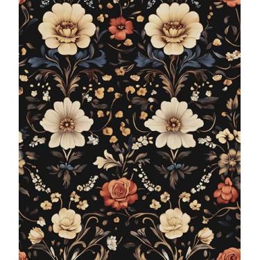 Imagem de Papel de parede Boho Peel and Stick, Dark Vintage Symmetric Floral Contact Paper 44.5 cm x 299.7 cm, papel de parede preto amarelo damasco autoadesivo impermeável removível para prateleiras de