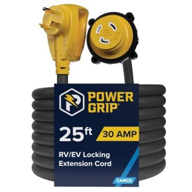 Imagem de Camco Cabo de extensão para RV Power Grip de 25 pés 30 Amp com extremidade de bloqueio - avaliado para 125 V/3.750W - Possui anel de bloqueio rosqueado para conexão à prova de intempéries e cabo de