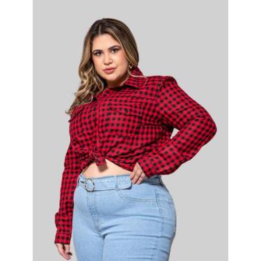Imagem de Camisa Feminina Plus Sarja Vermelho Xadrez - Razon Jeans, G4, Vermelho