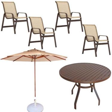 Imagem de Conjunto de Mesa 80cm Ripada + 4 Poltronas + Ombrelone 2,40m com Base 