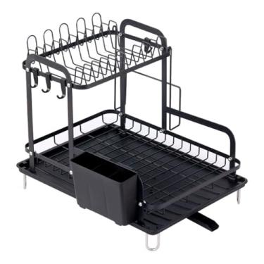 Imagem de Escorredor de Louças 2 Andares Preto Suporte para Talheres, Copos e Tábua - Organizador em Aço e Plástico com Bandeja